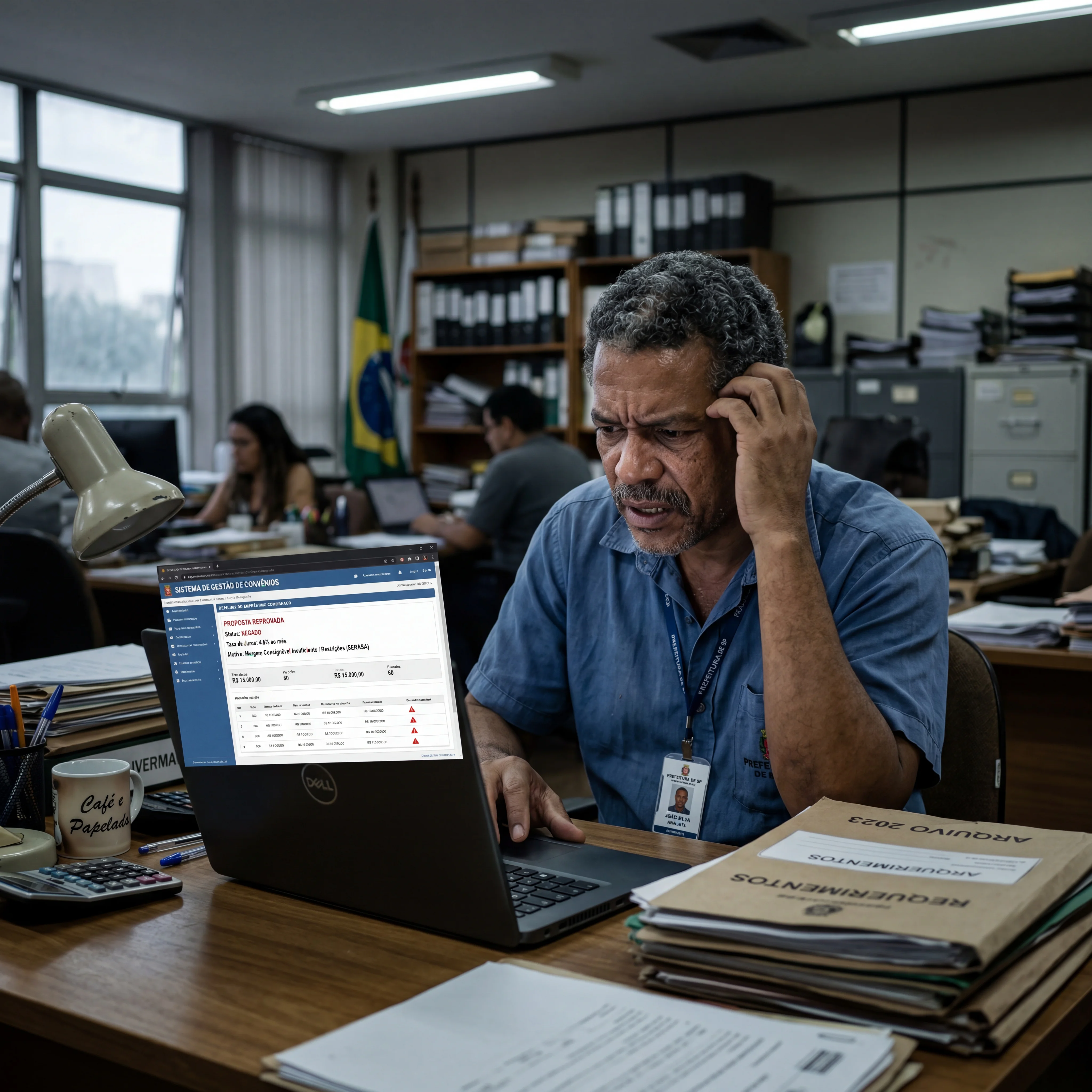 Servidor público com expressão de descontentamento, refletindo sobre o impacto dos descontos no contracheque